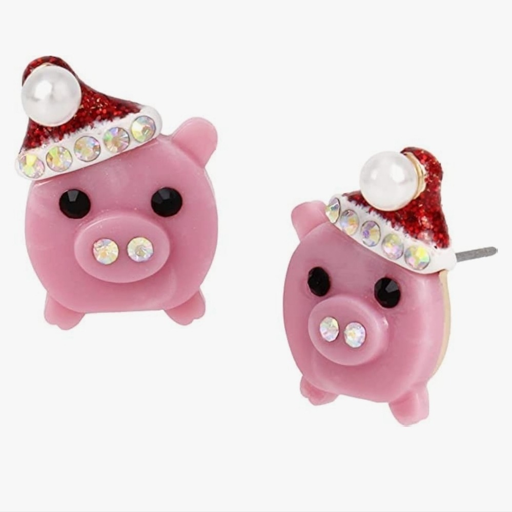 Betsey Johnson Pink Pig w/ Santa Hat Christmas Stud Earrings